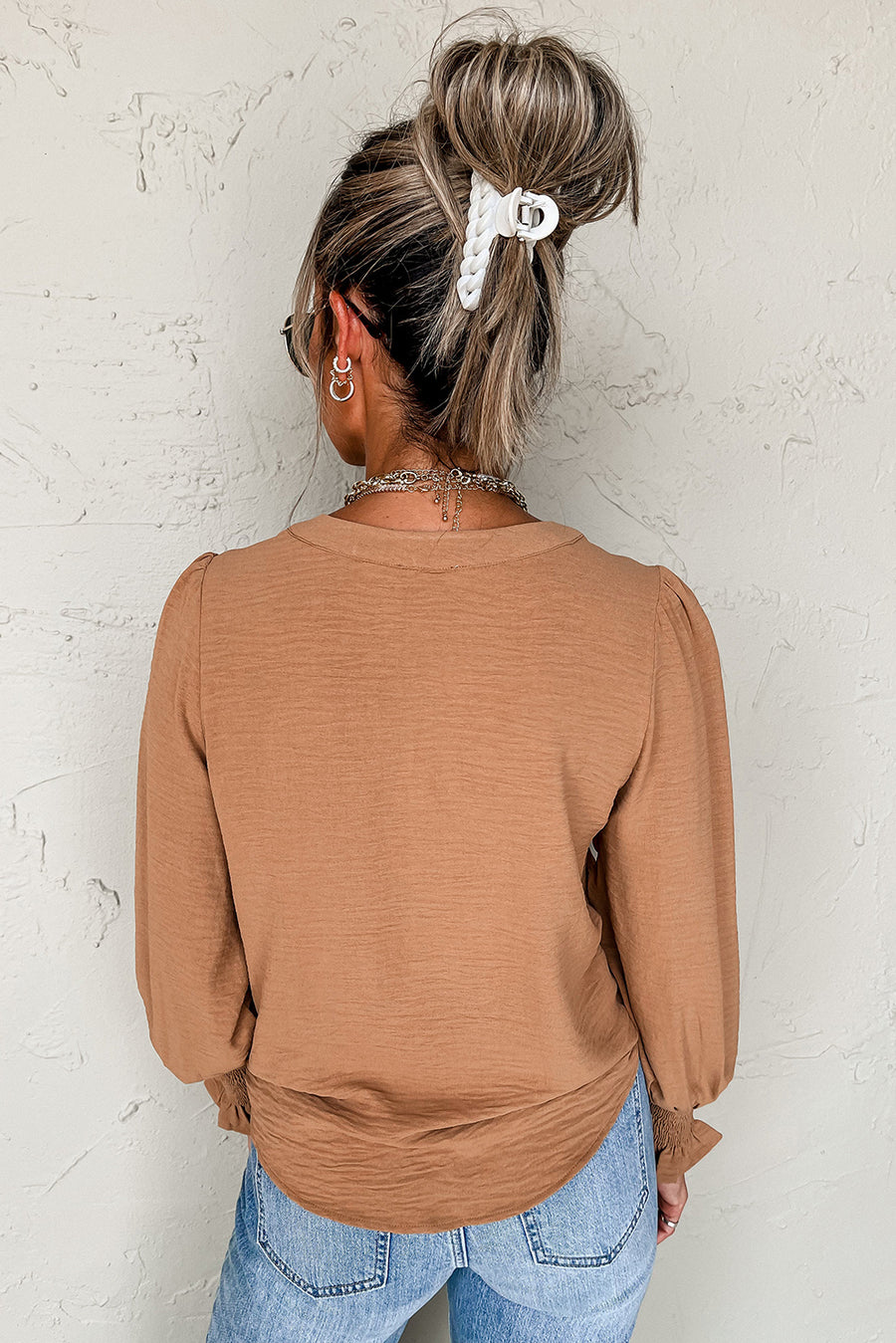 Bella Love Boutique California LLC Tops/Blouses & Shirts Solid Color Shirred Cuff Notch V Neck Blouse