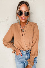 Bella Love Boutique California LLC Tops/Blouses & Shirts Solid Color Shirred Cuff Notch V Neck Blouse