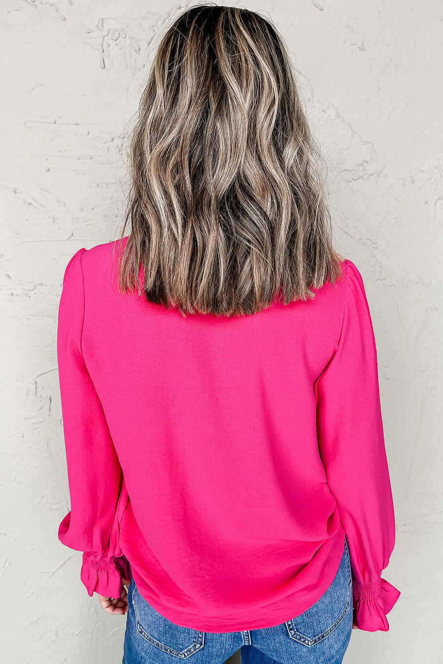 Bella Love Boutique California LLC Tops/Blouses & Shirts Solid Color Shirred Cuff Notch V Neck Blouse