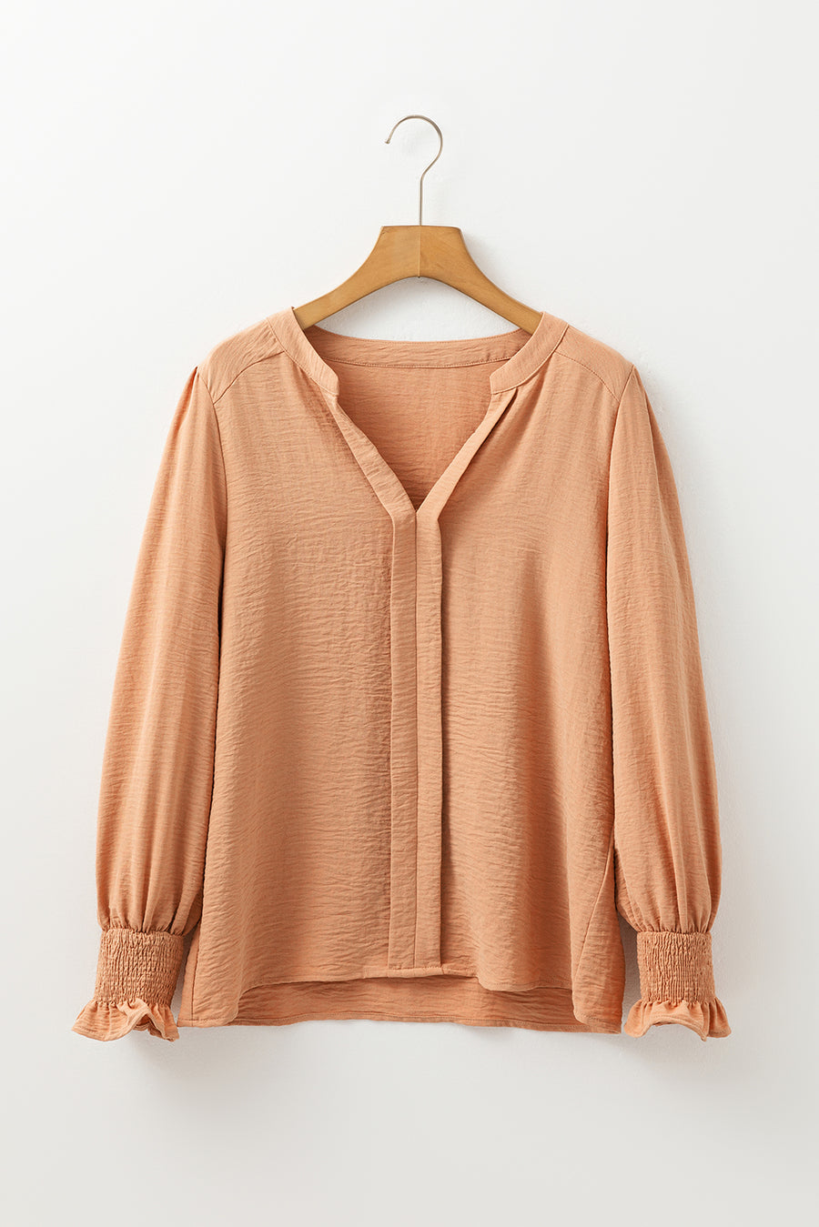 Bella Love Boutique California LLC Tops/Blouses & Shirts Solid Color Shirred Cuff Notch V Neck Blouse