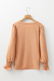 Bella Love Boutique California LLC Tops/Blouses & Shirts Solid Color Shirred Cuff Notch V Neck Blouse