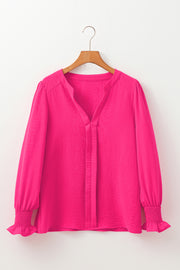 Bella Love Boutique California LLC Tops/Blouses & Shirts Solid Color Shirred Cuff Notch V Neck Blouse