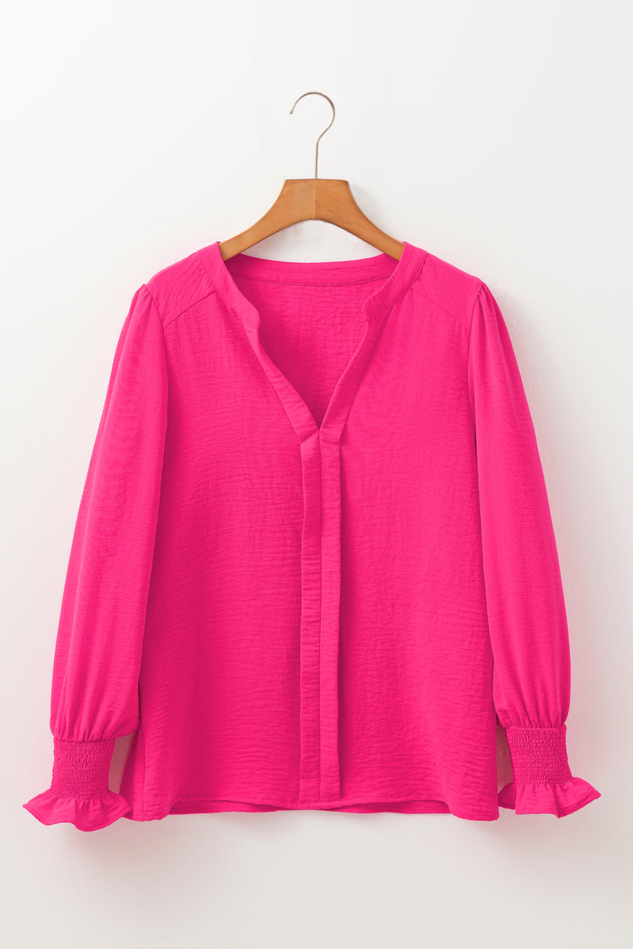 Bella Love Boutique California LLC Tops/Blouses & Shirts Solid Color Shirred Cuff Notch V Neck Blouse