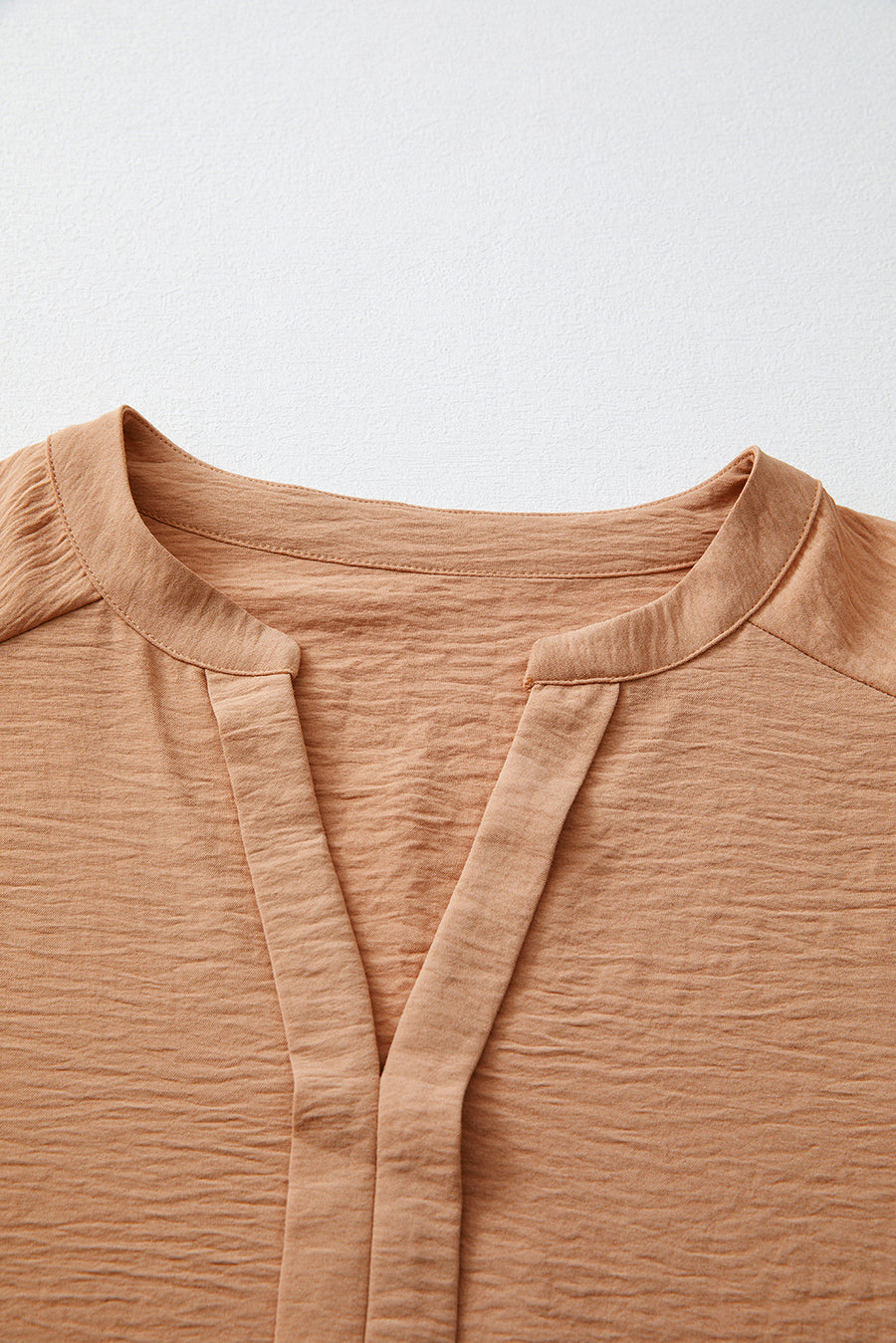 Bella Love Boutique California LLC Tops/Blouses & Shirts Straw Yellow Solid Color Shirred Cuff Notch V Neck Blouse