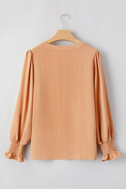 Bella Love Boutique California LLC Tops/Blouses & Shirts Straw Yellow Solid Color Shirred Cuff Notch V Neck Blouse