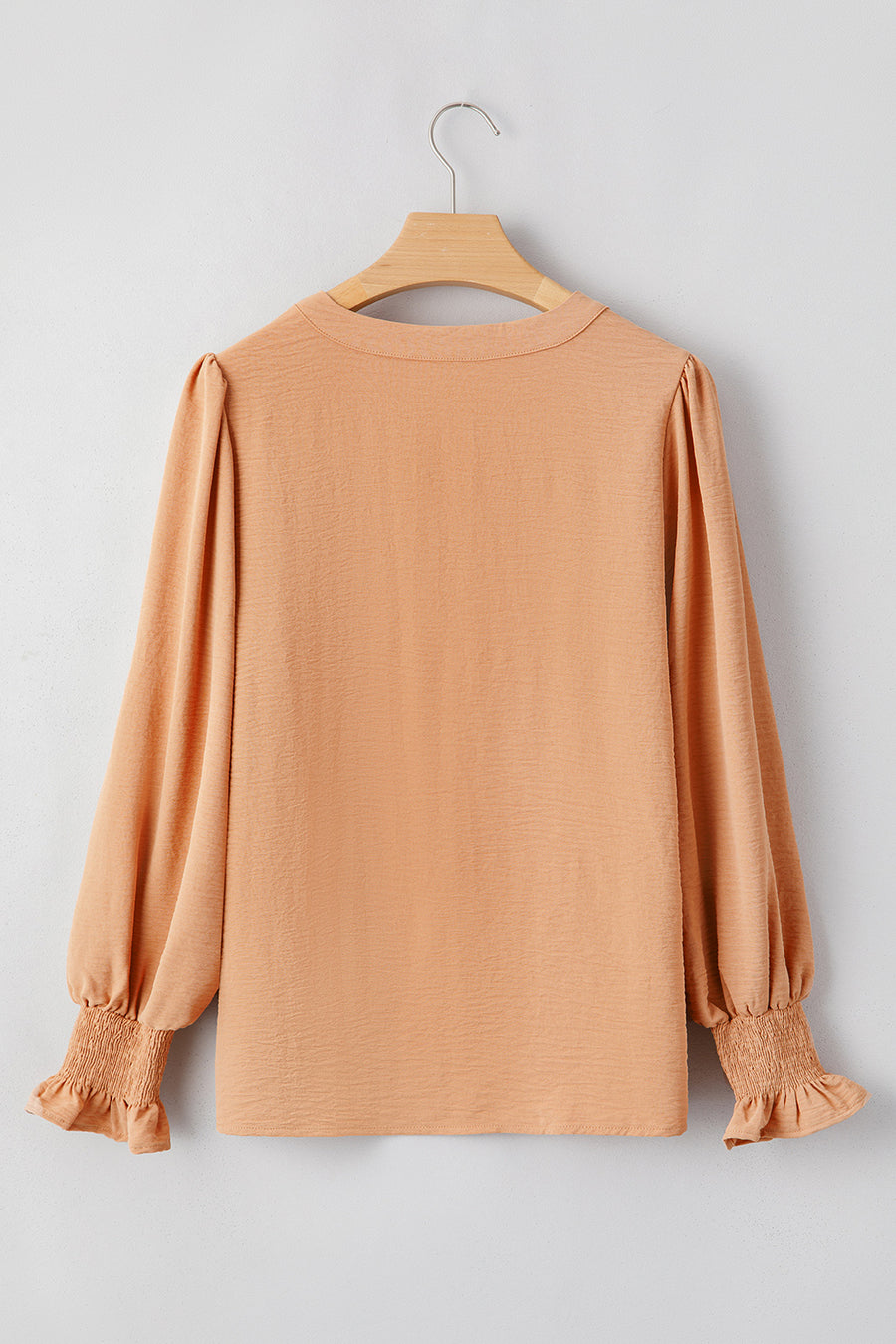 Bella Love Boutique California LLC Tops/Blouses & Shirts Straw Yellow Solid Color Shirred Cuff Notch V Neck Blouse