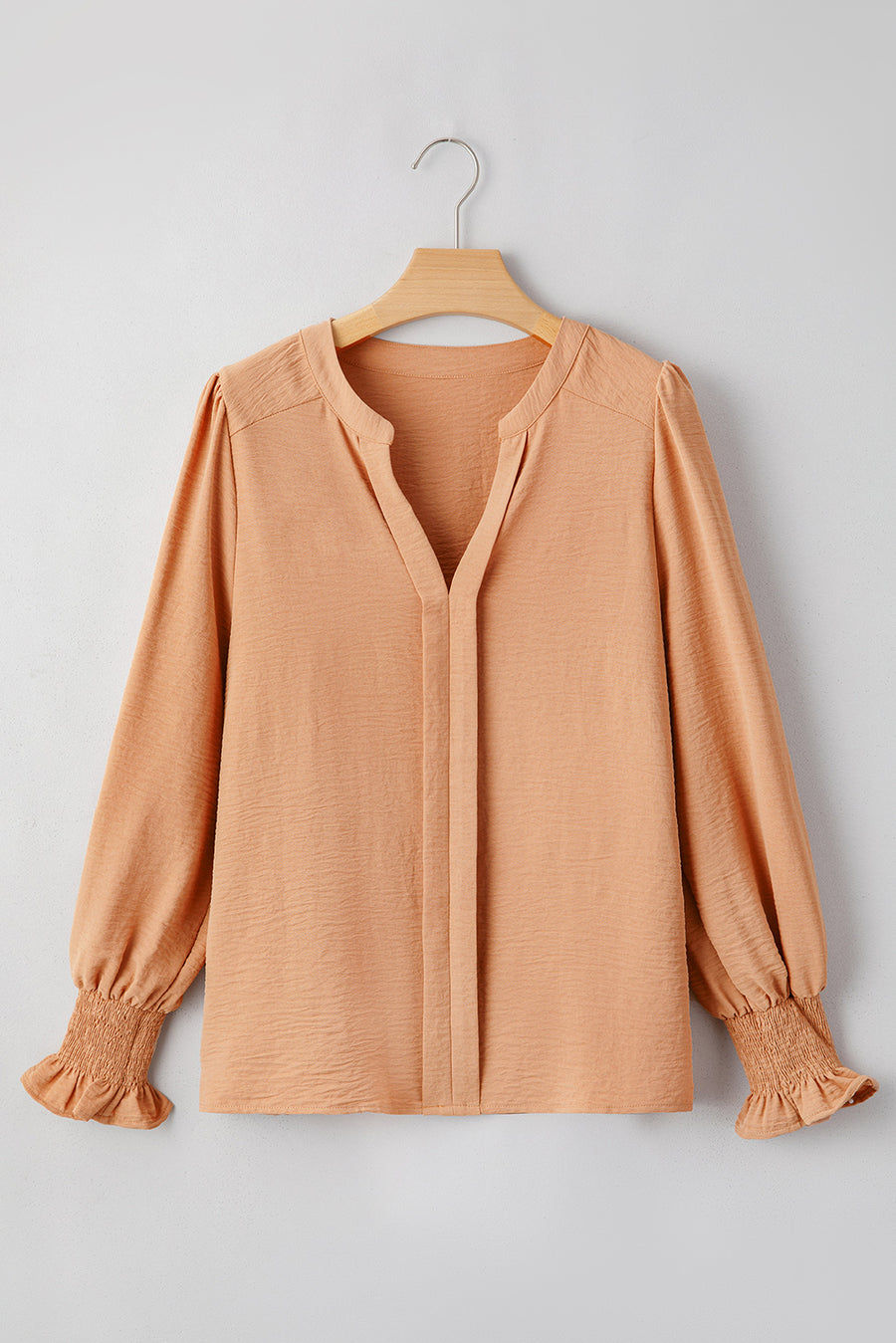 Bella Love Boutique California LLC Tops/Blouses & Shirts Straw Yellow Solid Color Shirred Cuff Notch V Neck Blouse