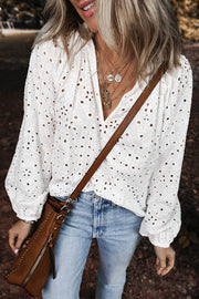 Bella Love Boutique California LLC Tops/Blouses & Shirts White Eyelet Embroidered Puff Sleeve V Neck Blouse