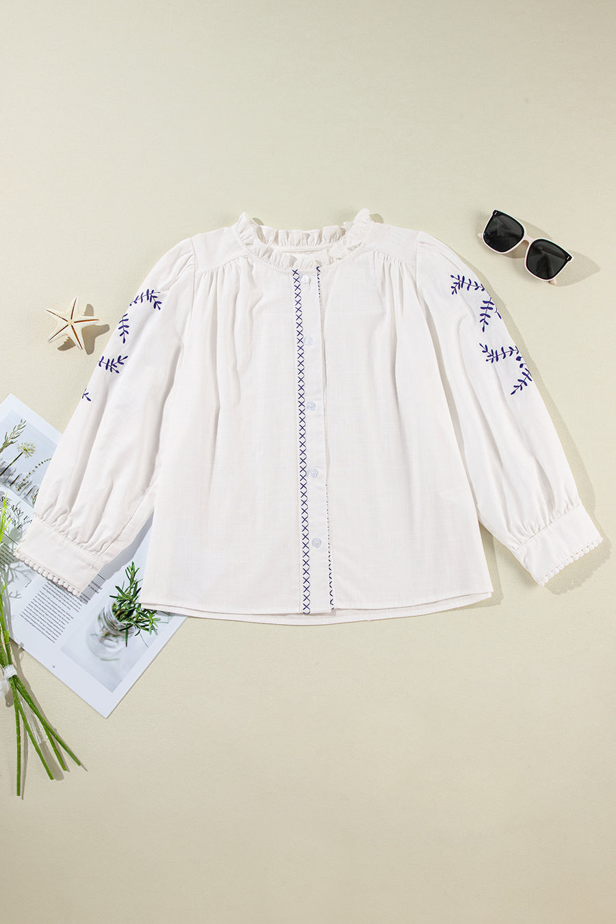 White Floral Embroidered Bracelet Sleeve Shirt