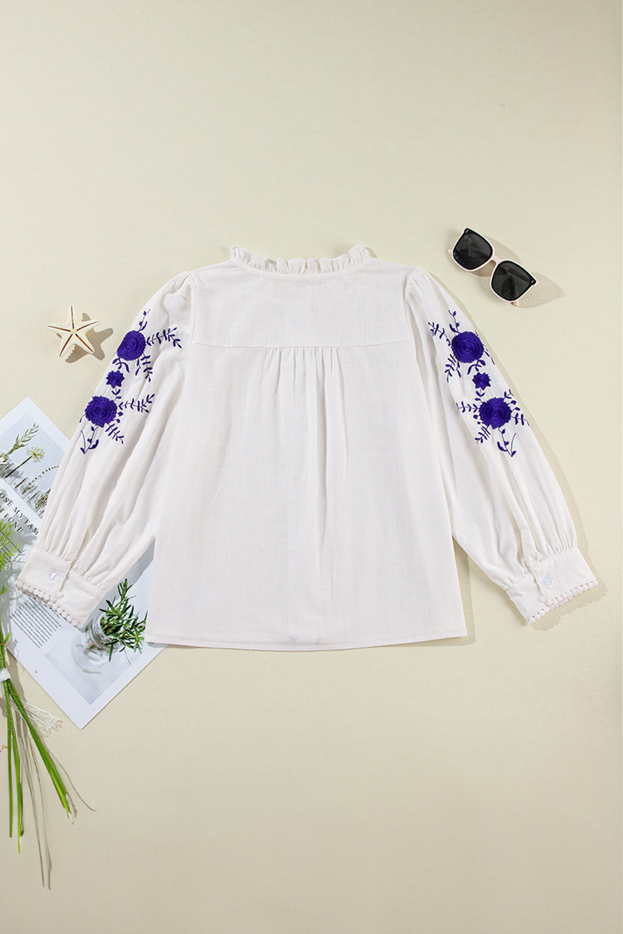 White Floral Embroidered Bracelet Sleeve Shirt