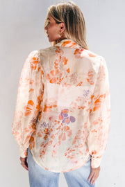 Bella Love Boutique California LLC Tops/Blouses & Shirts White Floral Print Collared Balloon Sleeve Loose Shirt