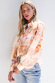 Bella Love Boutique California LLC Tops/Blouses & Shirts White Floral Print Collared Balloon Sleeve Loose Shirt