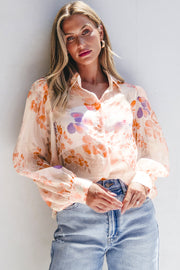 Bella Love Boutique California LLC Tops/Blouses & Shirts White Floral Print Collared Balloon Sleeve Loose Shirt