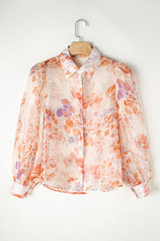 Bella Love Boutique California LLC Tops/Blouses & Shirts White Floral Print Collared Balloon Sleeve Loose Shirt