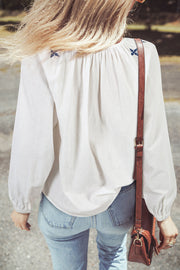 Bella Love Boutique California LLC Tops/Blouses & Shirts White Geometric Embroidered Long Sleeve Buttoned Blouse