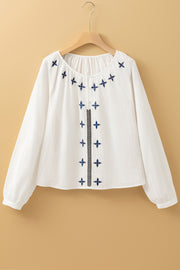 Bella Love Boutique California LLC Tops/Blouses & Shirts White Geometric Embroidered Long Sleeve Buttoned Blouse