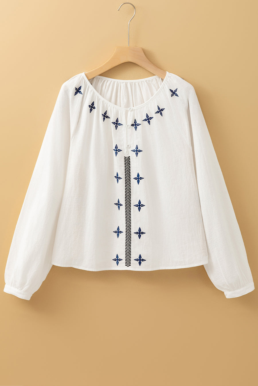 Bella Love Boutique California LLC Tops/Blouses & Shirts White Geometric Embroidered Long Sleeve Buttoned Blouse