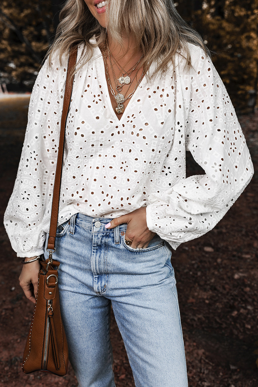 Bella Love Boutique California LLC Tops/Blouses & Shirts White / S / 100%Cotton White Eyelet Embroidered Puff Sleeve V Neck Blouse