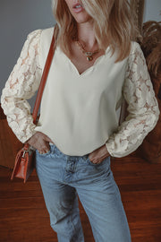 Bella Love Boutique California LLC Tops/Blouses & Shirts White / S / 100%Polyester White Scalloped V Neckline Lace Hollowed Lantern Sleeve Blouse