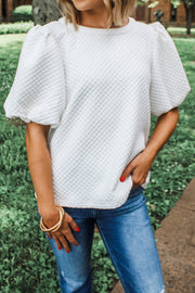 Bella Love Boutique California LLC Tops/Blouses & Shirts White / S / 97%Polyester+3%Elastane Phalaenopsis Solid Textured O Neck Puff Sleeve Blouse