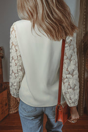 Bella Love Boutique California LLC Tops/Blouses & Shirts White Scalloped V Neckline Lace Hollowed Lantern Sleeve Blouse