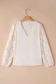 Bella Love Boutique California LLC Tops/Blouses & Shirts White Scalloped V Neckline Lace Hollowed Lantern Sleeve Blouse