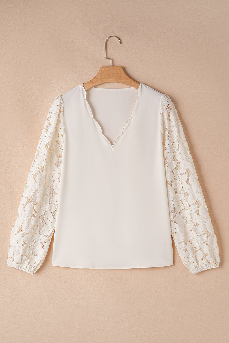 Bella Love Boutique California LLC Tops/Blouses & Shirts White Scalloped V Neckline Lace Hollowed Lantern Sleeve Blouse