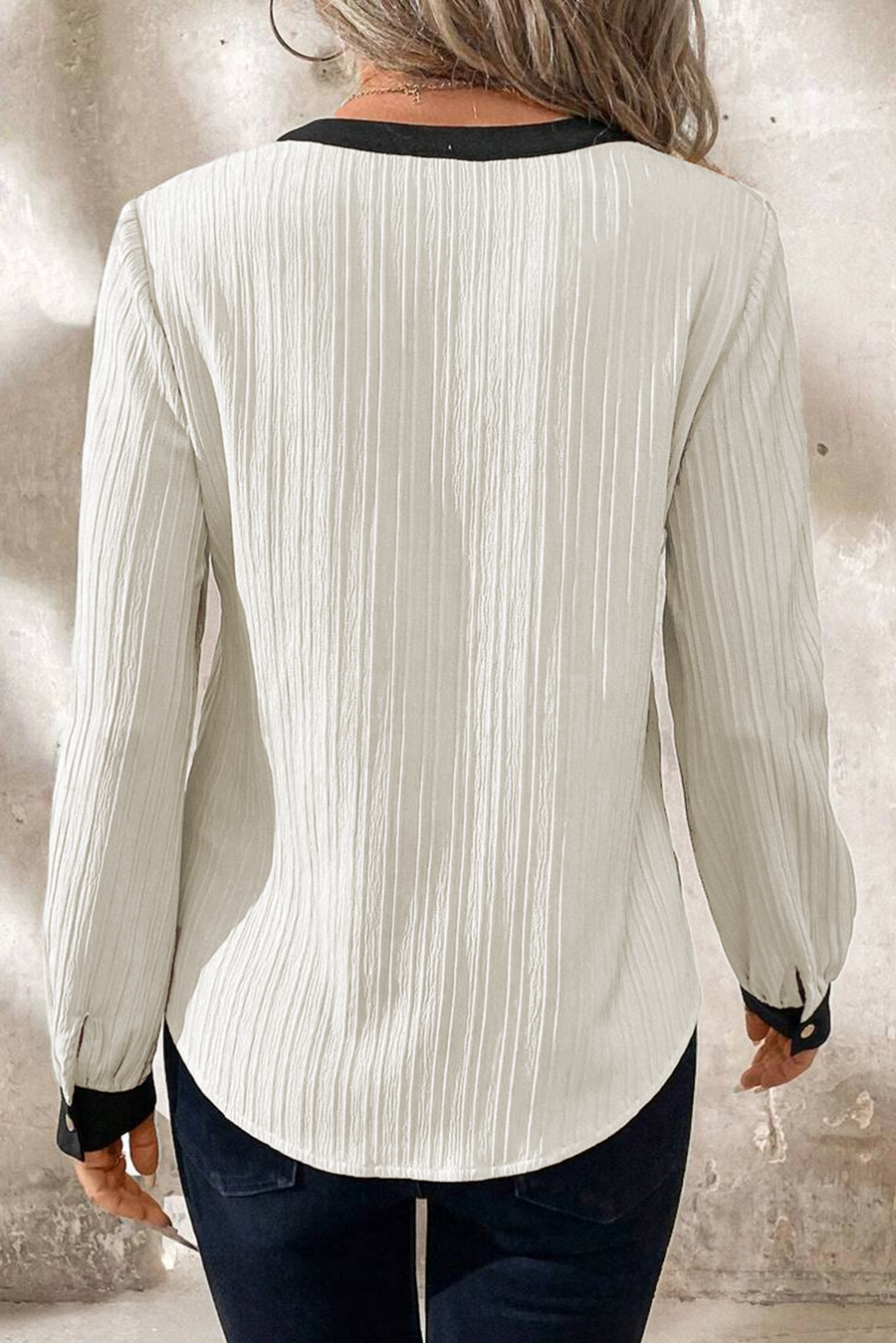Bella Love Boutique California LLC Tops/Blouses & Shirts White Textured Colorblock V Neck Elegant Blouse