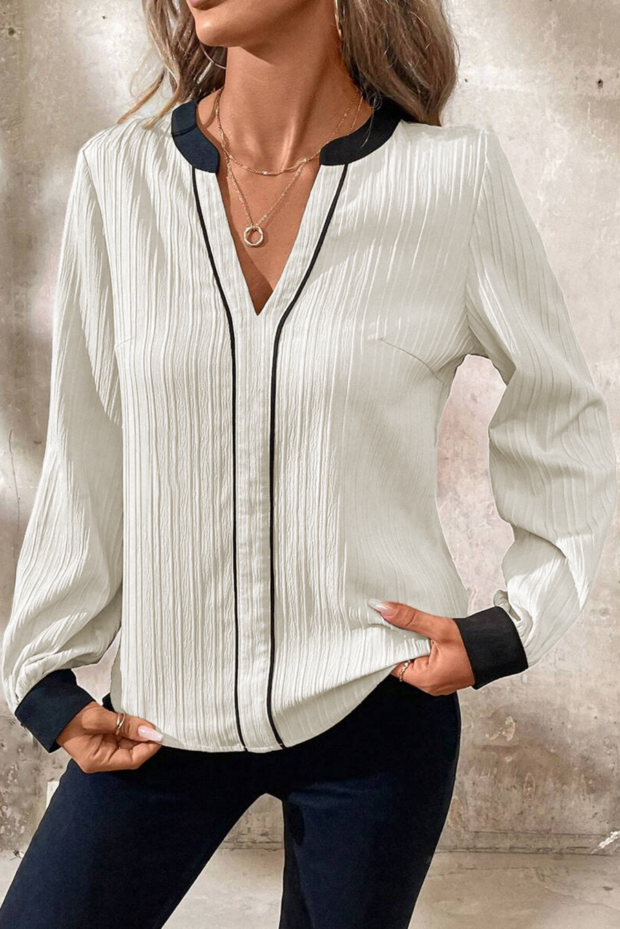 Bella Love Boutique California LLC Tops/Blouses & Shirts White Textured Colorblock V Neck Elegant Blouse