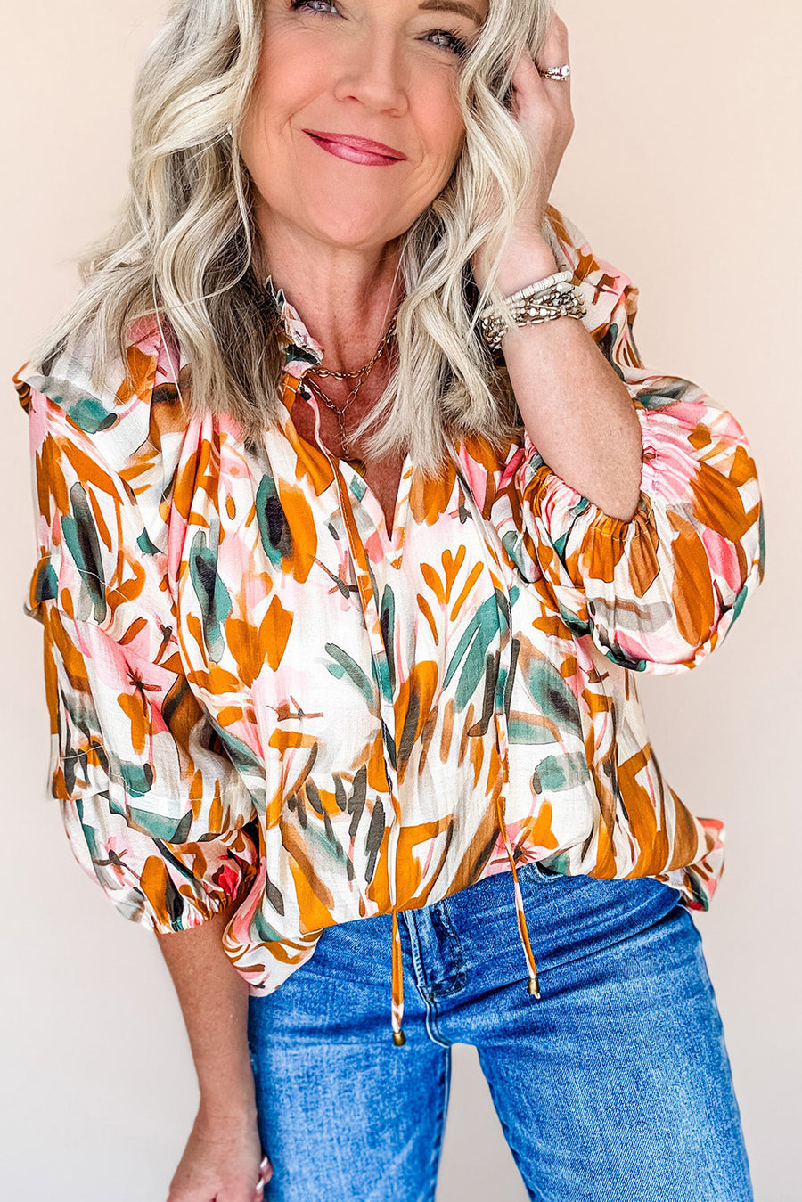 Bella Love Boutique California LLC Tops/Blouses & Shirts Yellow Abstract Print Drawstring Frilled V Neck 3/4 Sleeve Blouse