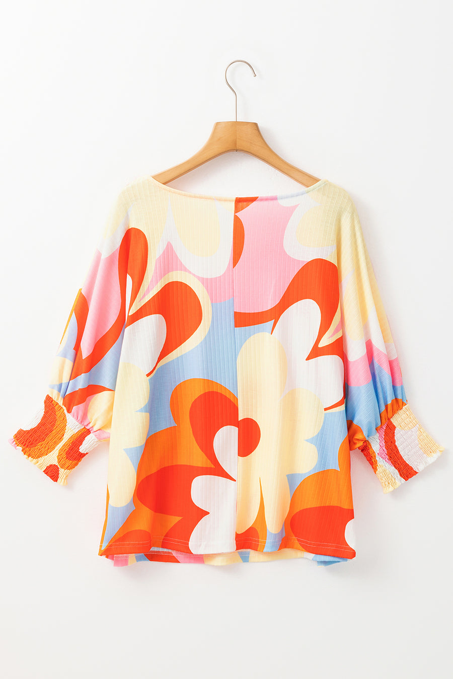 Yellow Ribbed Floral Printed Shirred 3/4 Sleeve Blouse