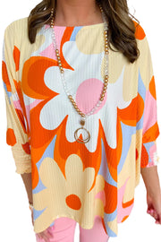 Bella Love Boutique California LLC Tops/Blouses & Shirts Yellow Ribbed Floral Printed Shirred 3/4 Sleeve Blouse