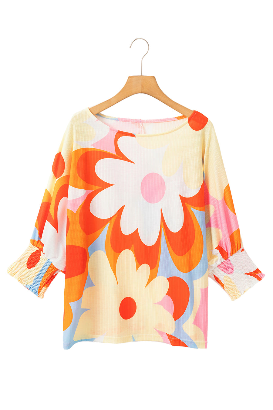 Yellow Ribbed Floral Printed Shirred 3/4 Sleeve Blouse