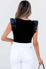 Bella Love Boutique California LLC Tops/Bodysuits Bella Loves Cali's Black Leatherette Ruffle Patchwork Ribbed V Neck Bodysuit