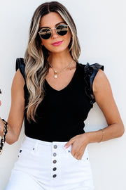 Bella Love Boutique California LLC Tops/Bodysuits Black / S / 93%Viscose+7%Elastane Bella Loves Cali's Black Leatherette Ruffle Patchwork Ribbed V Neck Bodysuit