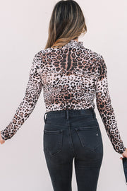 Bella Love Boutique California LLC Tops/Bodysuits Brown Leopard Smocked Neck Mesh Long Sleeve Bodysuit