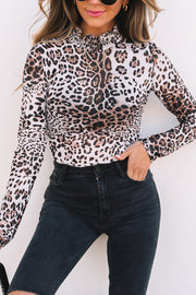 Bella Love Boutique California LLC Tops/Bodysuits Brown Leopard Smocked Neck Mesh Long Sleeve Bodysuit