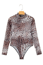 Bella Love Boutique California LLC Tops/Bodysuits Brown Leopard Smocked Neck Mesh Long Sleeve Bodysuit