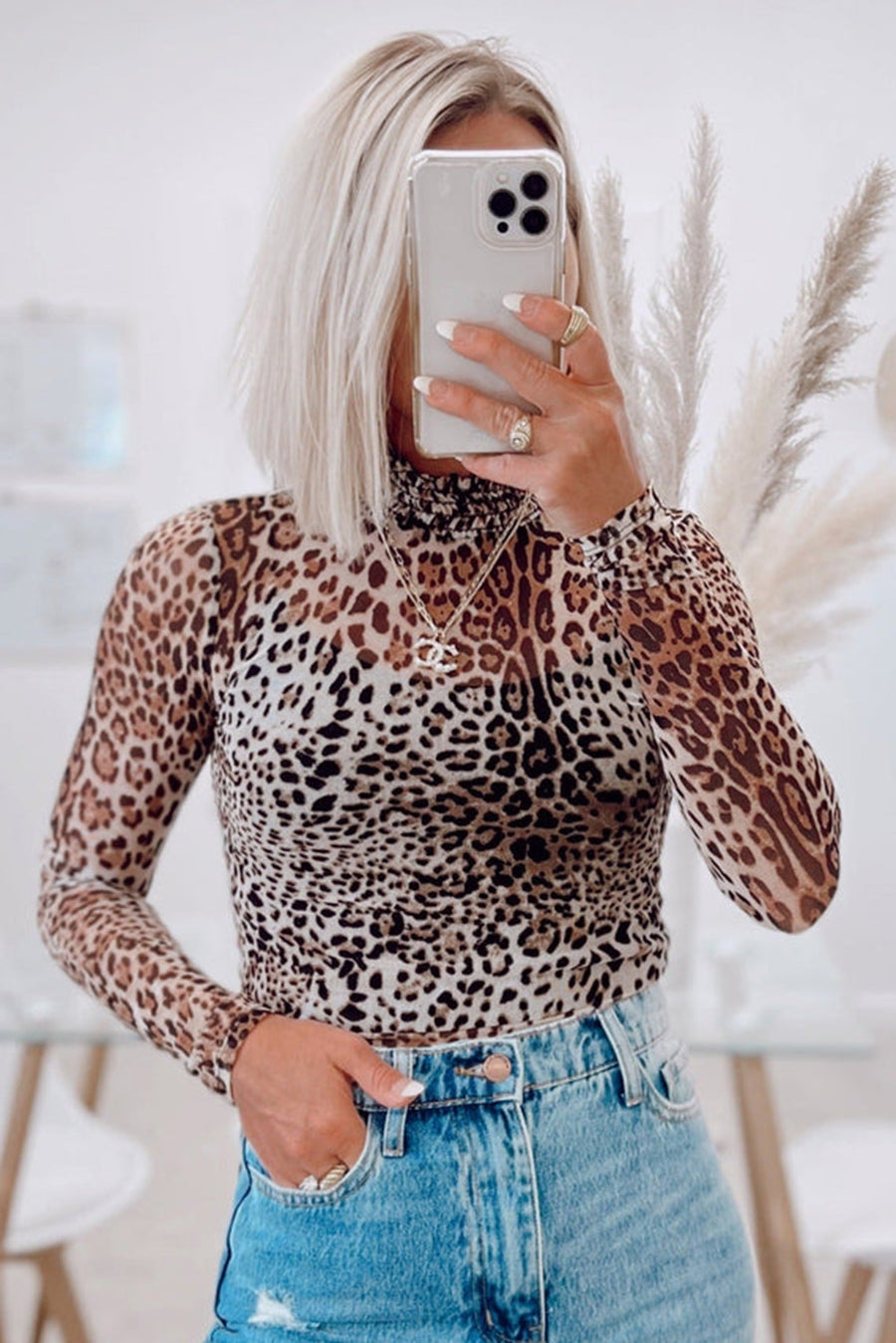 Bella Love Boutique California LLC Tops/Bodysuits Brown Leopard Smocked Neck Mesh Long Sleeve Bodysuit