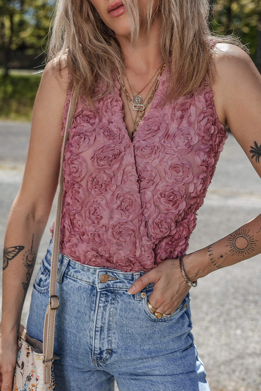 Bella Love Boutique California LLC Tops/Bodysuits Heather / S / 100%Polyester Heather Floral Textured V Neck Wrapped Sleeveless Bodysuit