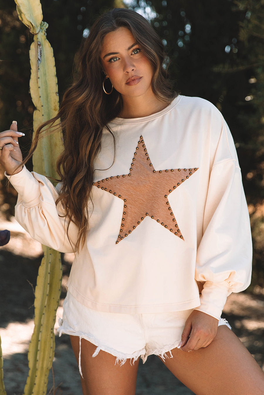 Bella Love Boutique California LLC Tops/Long Sleeve Tops Apricot Studded Star Graphic Oversized Long Sleeve Top