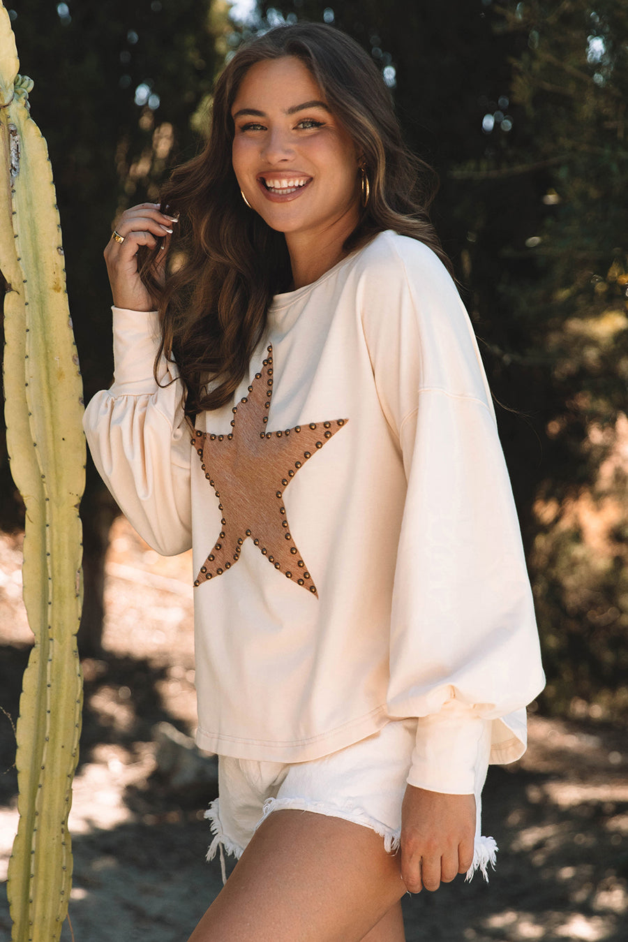 Bella Love Boutique California LLC Tops/Long Sleeve Tops Apricot Studded Star Graphic Oversized Long Sleeve Top