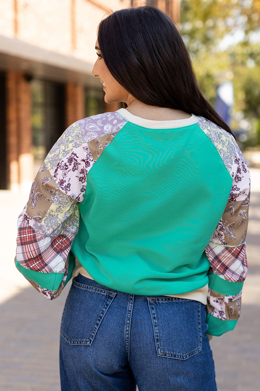 Bella Love Boutique California LLC Tops/Long Sleeve Tops Aruba Blue Plaid Vintage Paisley Patchwork Long Sleeve Raglan Top