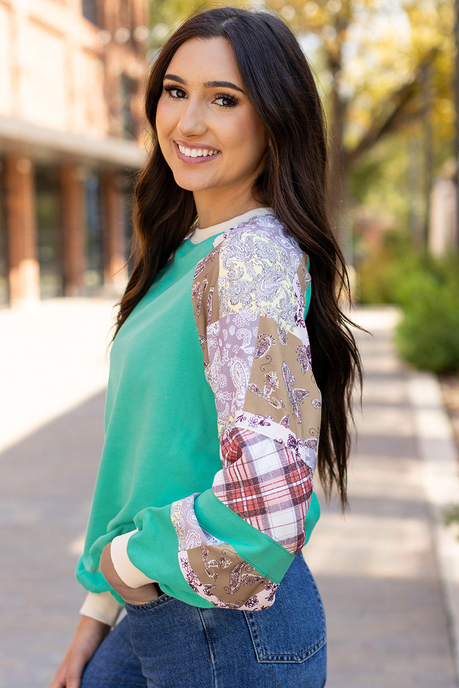 Bella Love Boutique California LLC Tops/Long Sleeve Tops Aruba Blue Plaid Vintage Paisley Patchwork Long Sleeve Raglan Top