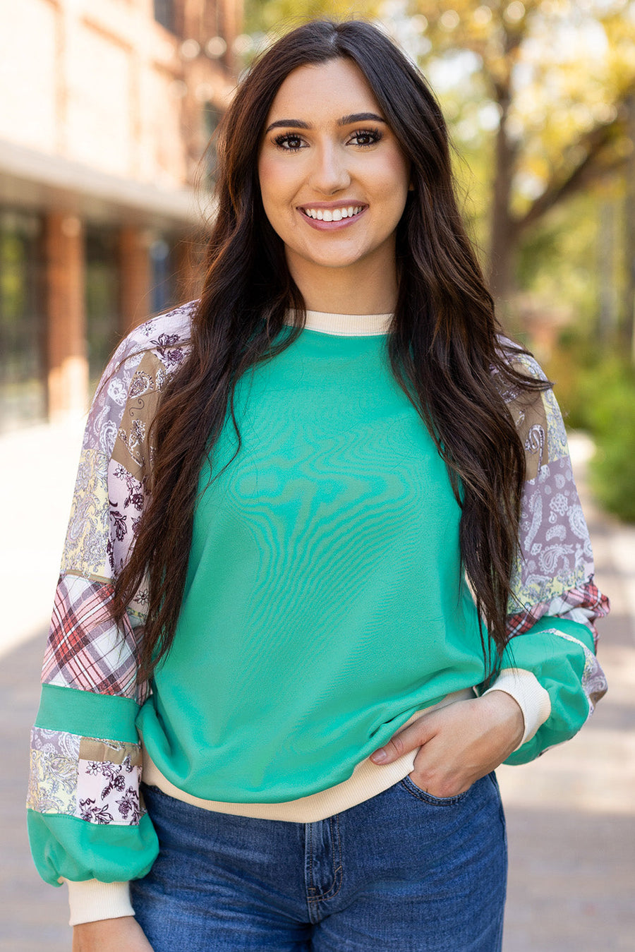 Bella Love Boutique California LLC Tops/Long Sleeve Tops Aruba Blue / S / 70%Polyester+30%Cotton Aruba Blue Plaid Vintage Paisley Patchwork Long Sleeve Raglan Top