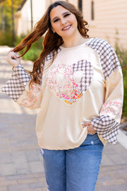 Bella Love Boutique California LLC Tops/Long Sleeve Tops Beige Plaid Floral Peace Heart Graphic Wide Long Sleeve Top