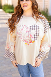 Bella Love Boutique California LLC Tops/Long Sleeve Tops Beige Plaid Floral Peace Heart Graphic Wide Long Sleeve Top