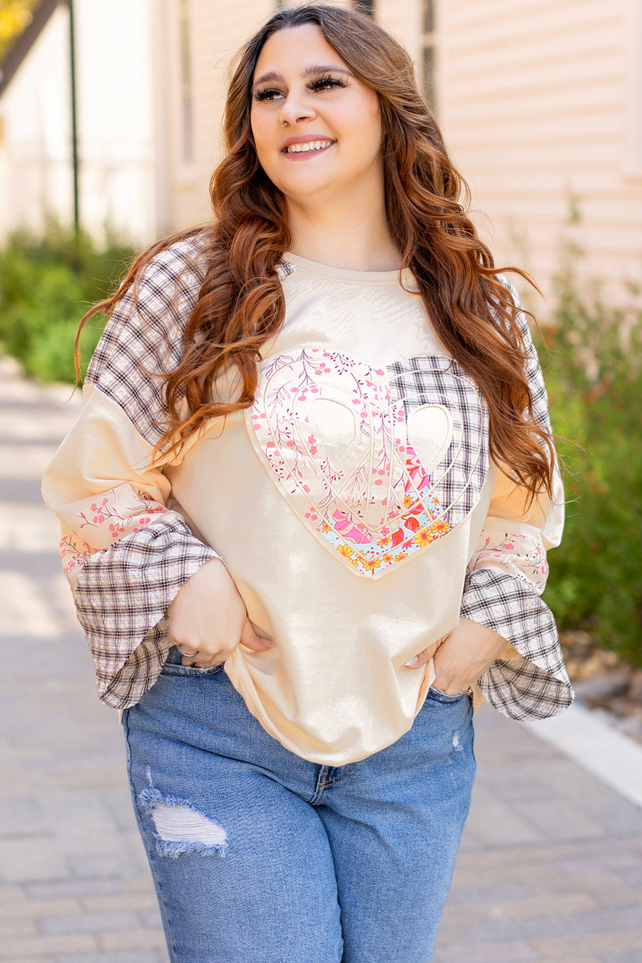 Bella Love Boutique California LLC Tops/Long Sleeve Tops Beige Plaid Floral Peace Heart Graphic Wide Long Sleeve Top