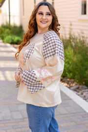 Bella Love Boutique California LLC Tops/Long Sleeve Tops Beige Plaid Floral Peace Heart Graphic Wide Long Sleeve Top