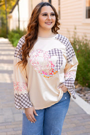 Bella Love Boutique California LLC Tops/Long Sleeve Tops Beige Plaid Floral Peace Heart Graphic Wide Long Sleeve Top